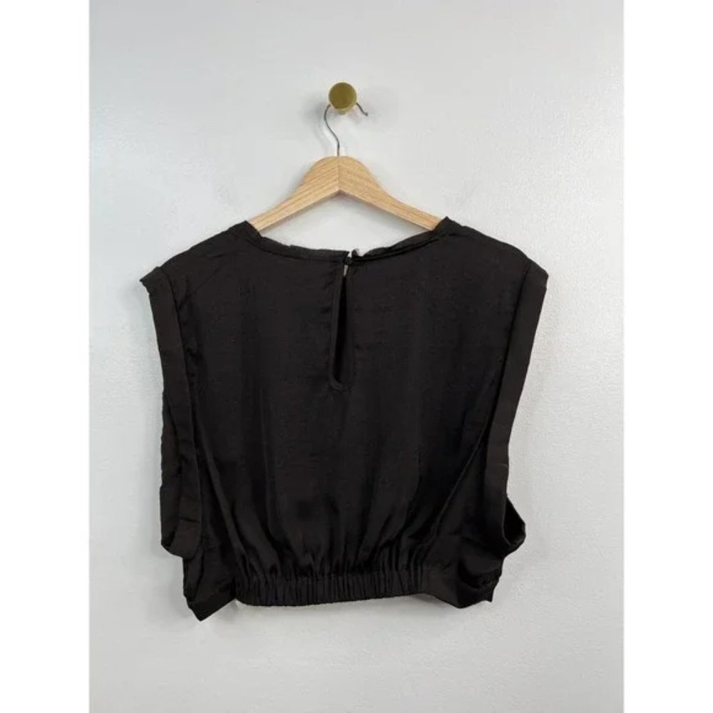 Free People Remi Draped Cap Sleeve Crop Top Elastic Hem Chocolate Sz: Large NWT - Picture 8 of 11